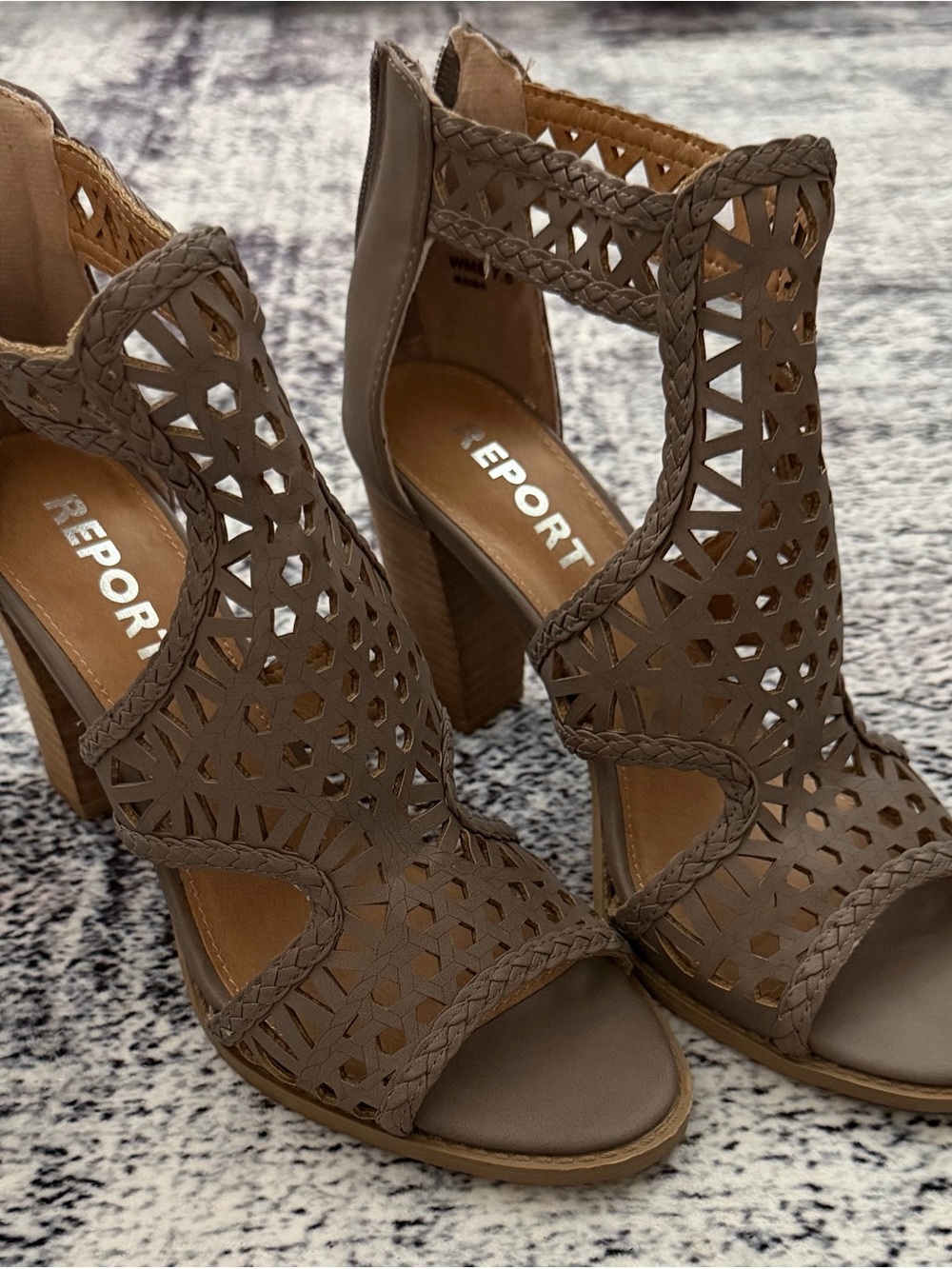 REPORT Taupe Laser-Cut Braided Block Heel Sandals
